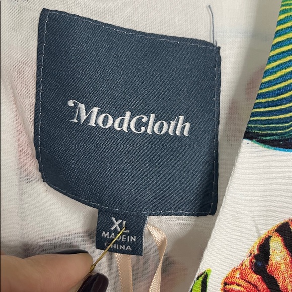 Modcloth Pleasant Temperament Cotton A-Line V Neck Fish Print Dress Size XL New - Picture 3 of 7